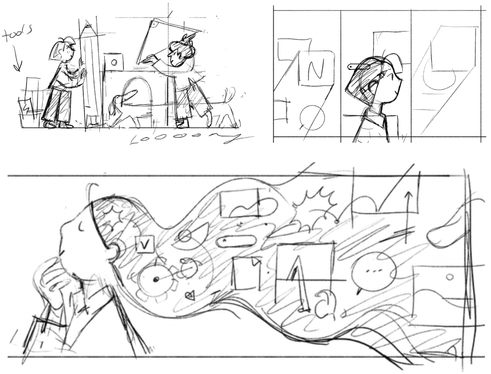 Sketches of Think it. Make it. by Roman Muradov, Notion’s long-time illustrator. A visual representation of the mind at work. If you can think up an idea, you can make almost anything happen.