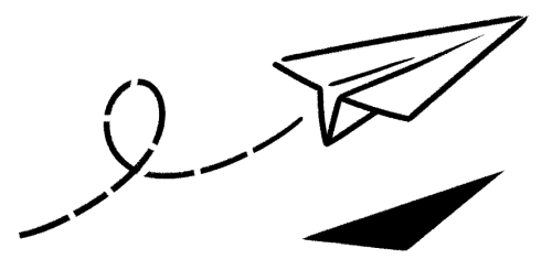 Hình vẽ đen trắng với đường nét tối giản về một chiếc máy bay giấy đang bay giữa không trung.