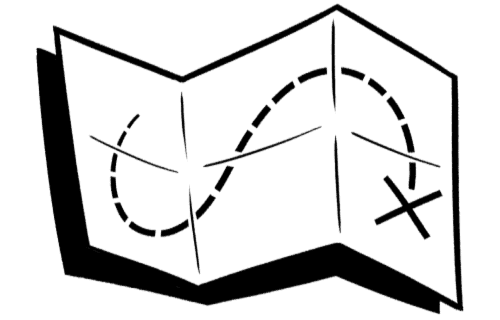 Map with a dotted line leading to an X