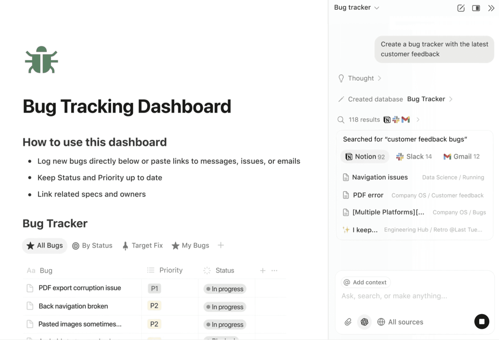 A Notion AI-generated bug tracking dashboard with the latest customer feedback