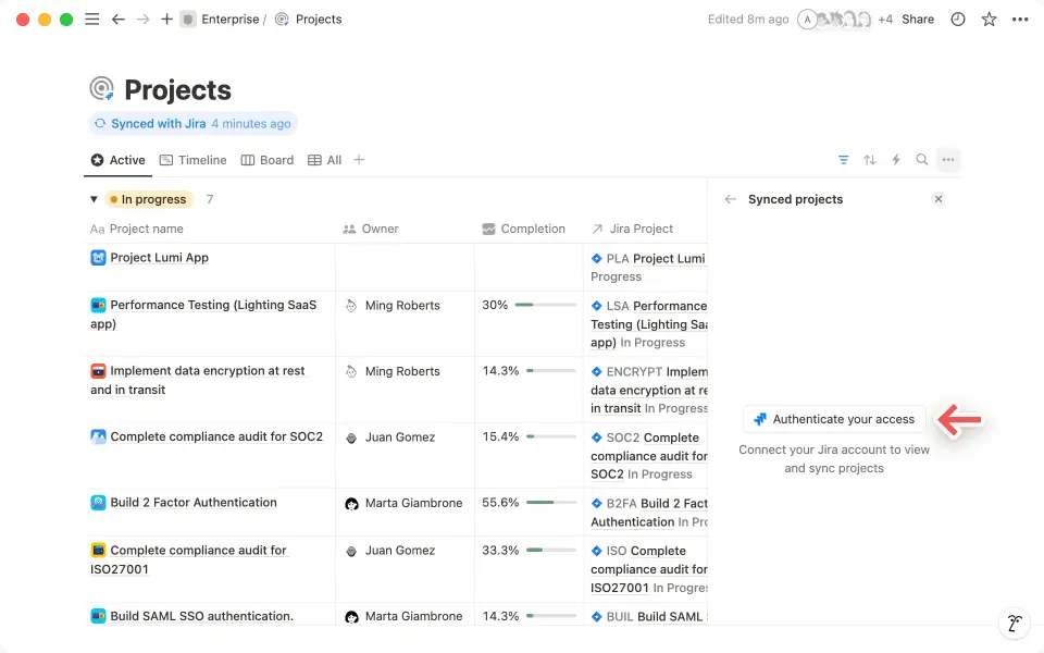 Click on “Authenticate your access” to verify your identity to bring over Jira projects to Notion