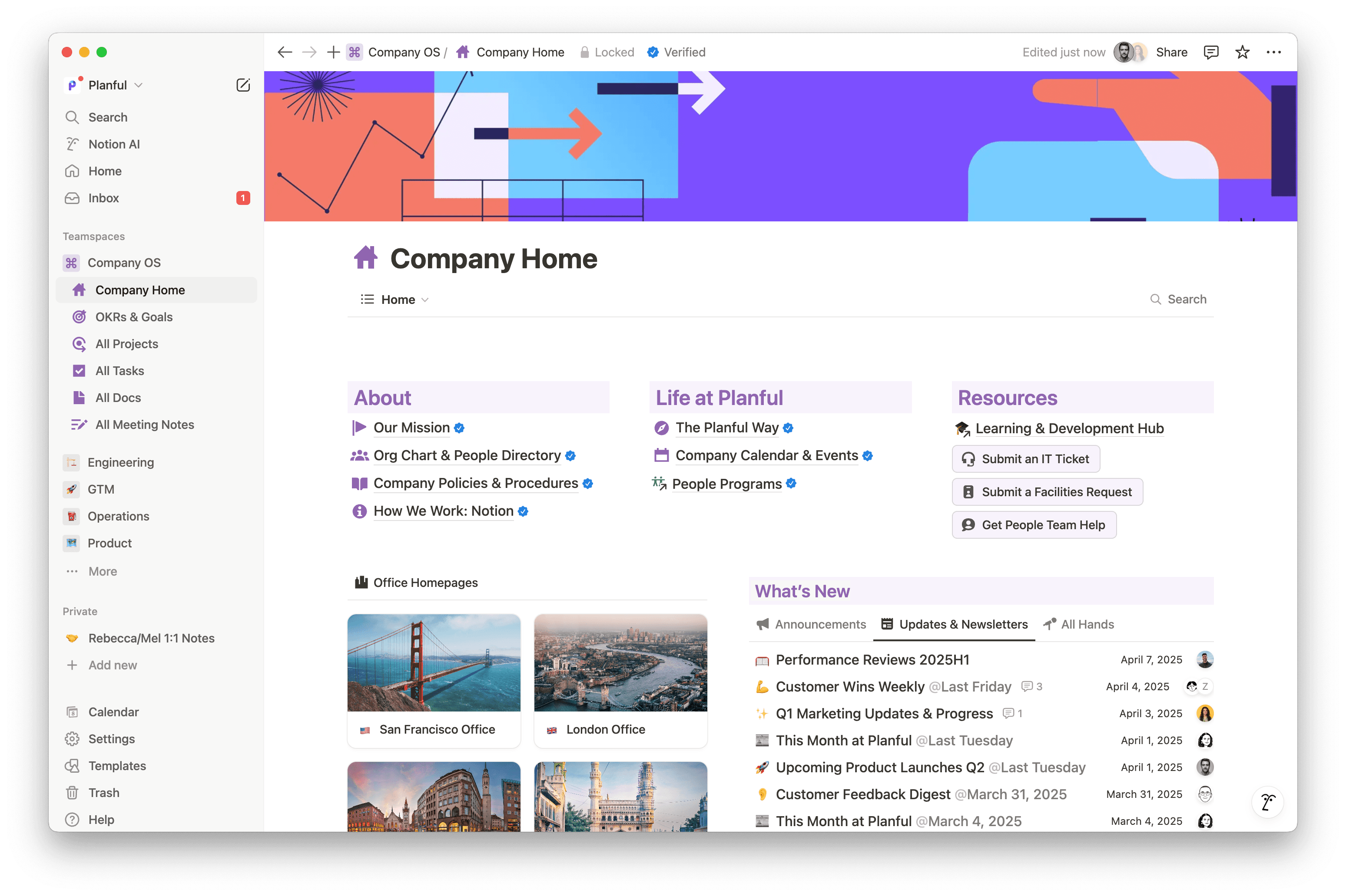 Planful's central operating system in Notion unites their companywide wiki and goals with connected databases—aggregating projects, tasks, docs, and notes across each teamspace to keep every department aligned and moving fast.