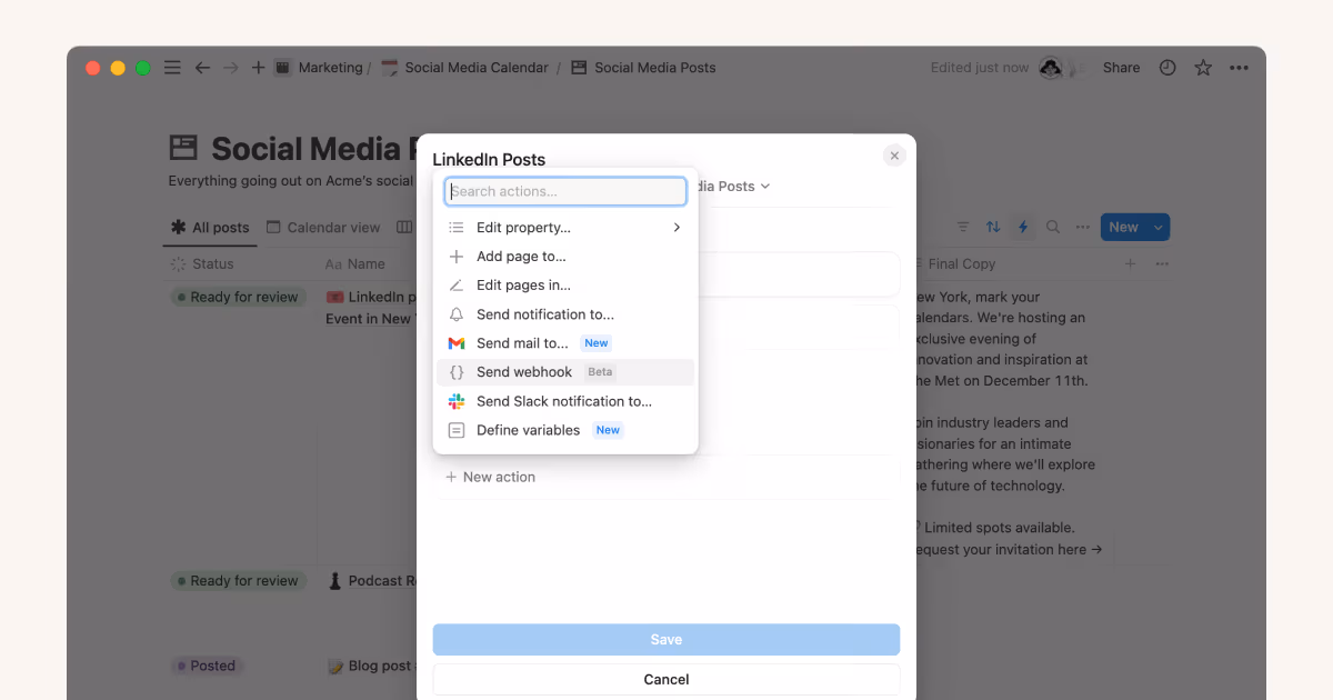 Share social media posts from Notion with webhook actions